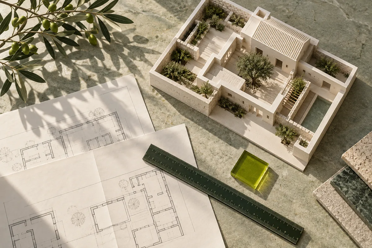 Maqueta y planos de arquitectura sobre una mesa de trabajo, imagen ilustrativa
