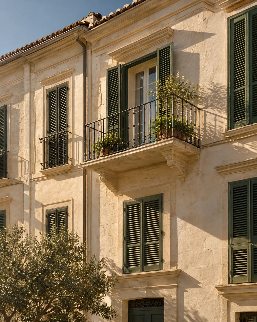 Fachada mediterránea con contraventanas verdes, imagen ilustrativa
