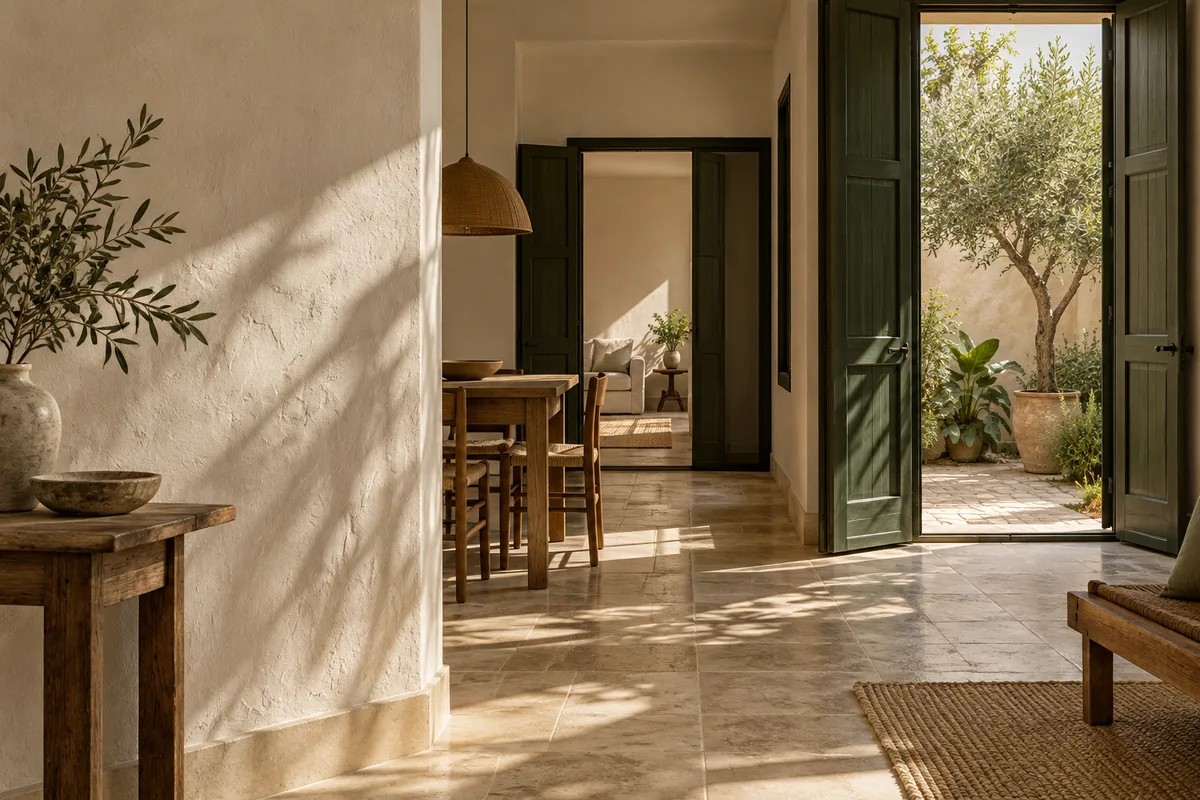 Interior mediterráneo con patio y carpintería verde, imagen ilustrativa